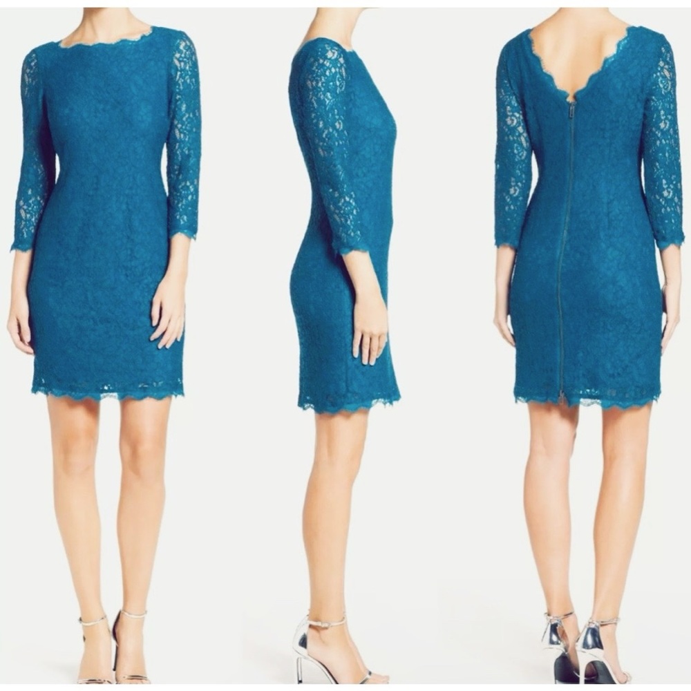 NWT ADRIANNA PAPELL Blue/Teal Lace Sheath Dress Size 10 3/4 Sleeve